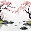 Abstract Tranquil Cherry Blossoms Falling on Pond Art Print