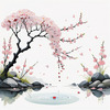 Abstract Tranquil Cherry Blossoms Falling on Pond Art Print
