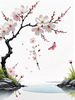 Abstract Tranquil Cherry Blossoms Falling on Pond Art Print