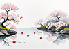 Abstract Tranquil Cherry Blossoms Falling on Pond Art Print