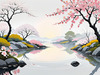 Abstract Tranquil Cherry Blossoms Falling on Pond Art Print
