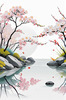 Abstract Tranquil Cherry Blossoms Falling on Pond Art Print