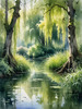 Printable Art of a Tranquil Forest Pond with Weeping Willows