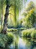 Printable Art of a Tranquil Forest Pond with Weeping Willows