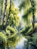 Printable Art of a Tranquil Forest Pond with Weeping Willows