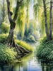 Printable Art of a Tranquil Forest Pond with Weeping Willows