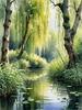 Printable Art of a Tranquil Forest Pond with Weeping Willows