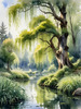 Printable Art of a Tranquil Forest Pond with Weeping Willows