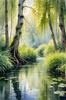 Printable Art of a Tranquil Forest Pond with Weeping Willows
