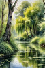 Printable Art of a Tranquil Forest Pond with Weeping Willows