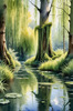 Printable Art of a Tranquil Forest Pond with Weeping Willows