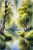Printable Art of a Tranquil Forest Pond with Weeping Willows
