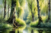 Printable Art of a Tranquil Forest Pond with Weeping Willows