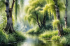 Printable Art of a Tranquil Forest Pond with Weeping Willows