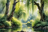 Printable Art of a Tranquil Forest Pond with Weeping Willows