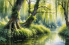 Printable Art of a Tranquil Forest Pond with Weeping Willows