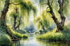 Printable Art of a Tranquil Forest Pond with Weeping Willows