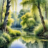 Printable Art of a Tranquil Forest Pond with Weeping Willows