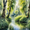 Printable Art of a Tranquil Forest Pond with Weeping Willows