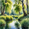 Printable Art of a Tranquil Forest Pond with Weeping Willows
