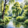 Printable Art of a Tranquil Forest Pond with Weeping Willows