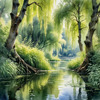 Printable Art of a Tranquil Forest Pond with Weeping Willows