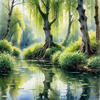Printable Art of a Tranquil Forest Pond with Weeping Willows