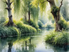 Printable Art of a Tranquil Forest Pond with Weeping Willows