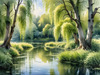 Printable Art of a Tranquil Forest Pond with Weeping Willows