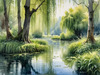 Printable Art of a Tranquil Forest Pond with Weeping Willows