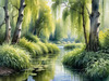 Printable Art of a Tranquil Forest Pond with Weeping Willows