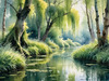Printable Art of a Tranquil Forest Pond with Weeping Willows