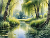 Printable Art of a Tranquil Forest Pond with Weeping Willows