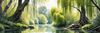 Printable Art of a Tranquil Forest Pond with Weeping Willows