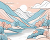 Minimalist Line Art of River Flowing Through Canyon