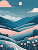 Minimalist Line Art of Rolling Hills Beneath a Starry Night Sky