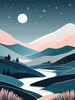 Minimalist Line Art of Rolling Hills Beneath a Starry Night Sky