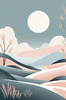 Minimalist Line Art of Windswept Grass and Half-Moon