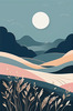 Minimalist Line Art of Windswept Grass and Half-Moon