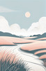 Minimalist Line Art of Windswept Grass and Half-Moon