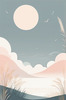 Minimalist Line Art of Windswept Grass and Half-Moon