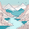 Minimalist Line Art of River Flowing Through Canyon