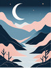 Printable Minimalist Moonlit Mountain Silhouette Line Art