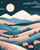 Minimalist Line Art of Rolling Hills Beneath a Starry Night Sky