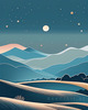 Minimalist Line Art of Rolling Hills Beneath a Starry Night Sky