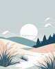 Minimalist Line Art of Windswept Grass and Half-Moon