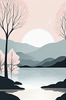 Minimalist Tranquil Lakeside Tree Reflection Printable Art
