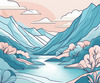 Minimalist Line Art of River Flowing Through Canyon