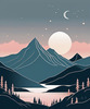 Printable Minimalist Moonlit Mountain Silhouette Line Art