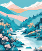 Minimalist Line Art of River Flowing Through Canyon